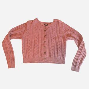 Lavender mauve cable knit button-up cardigan sweater - size Large, cotton-blend